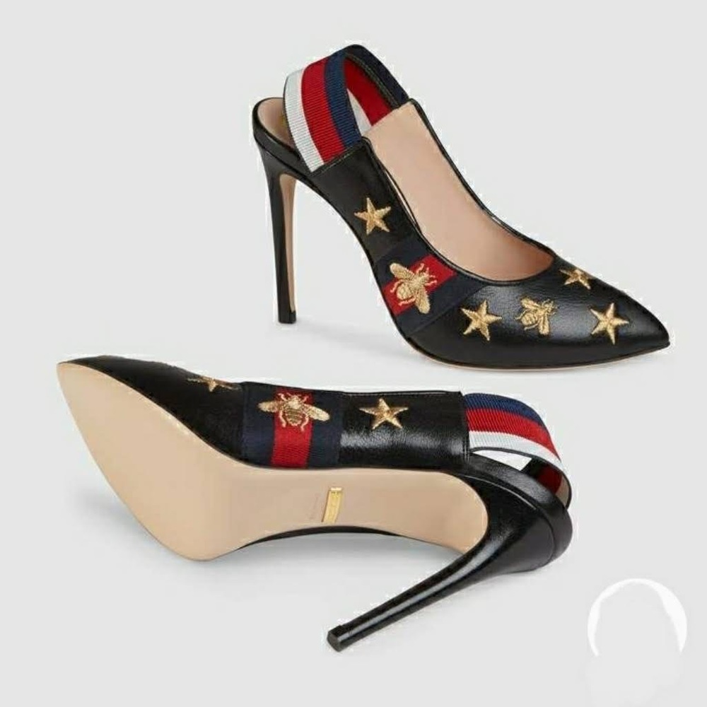 Gucci Black Heels with Red and Blue Straps